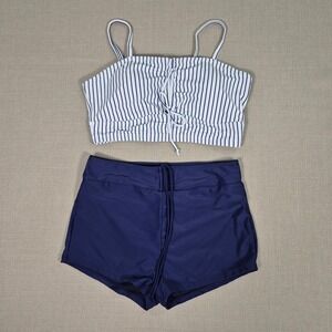 Herseas High Waisted Bikini Set Navy Blue Striped Modest Swimsuit Shorts XL